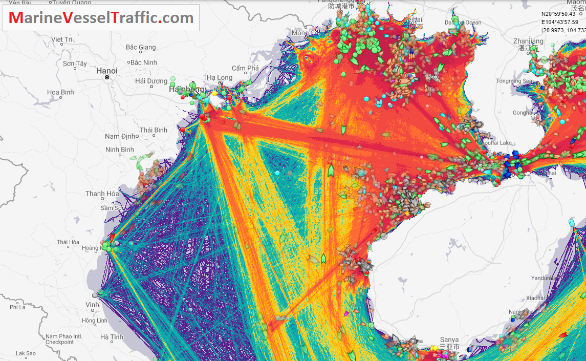 Live Marine Traffic, Density Map and Current Position of ships in GULF OF TONKIN